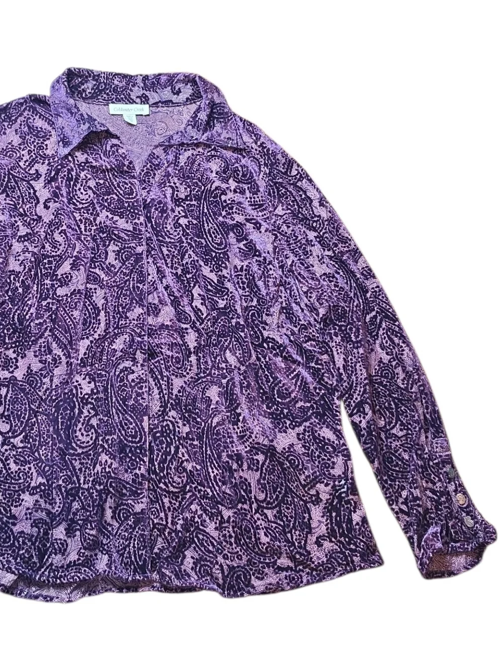 COLDWATER CREEK | Purple Burnout Velvet Paisley Button Down Blouse | XL Petite